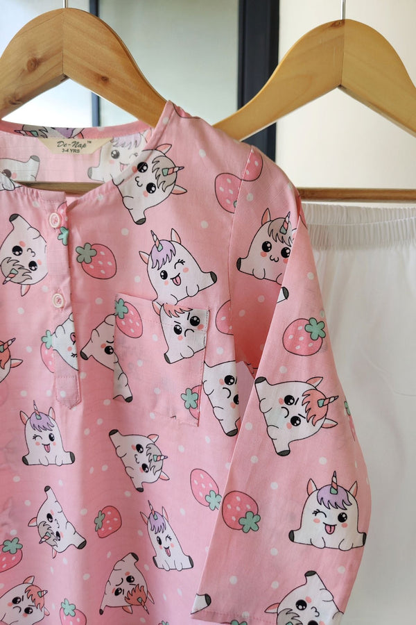 Magic Unicorn Pink Kurta Pyjama Set for Girls - De - Nap.in - Nightwear