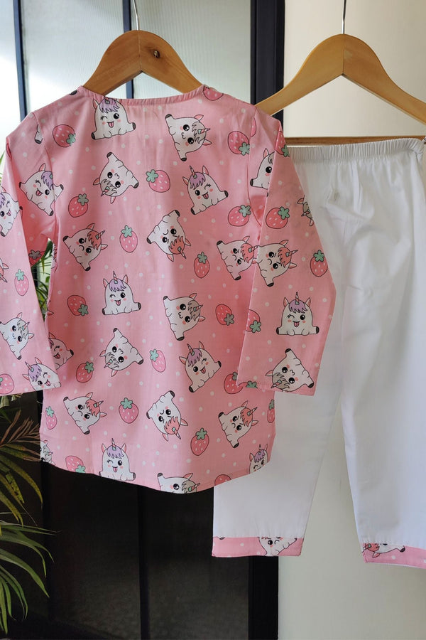 Magic Unicorn Pink Kurta Pyjama Set for Girls - De - Nap.in - Nightwear