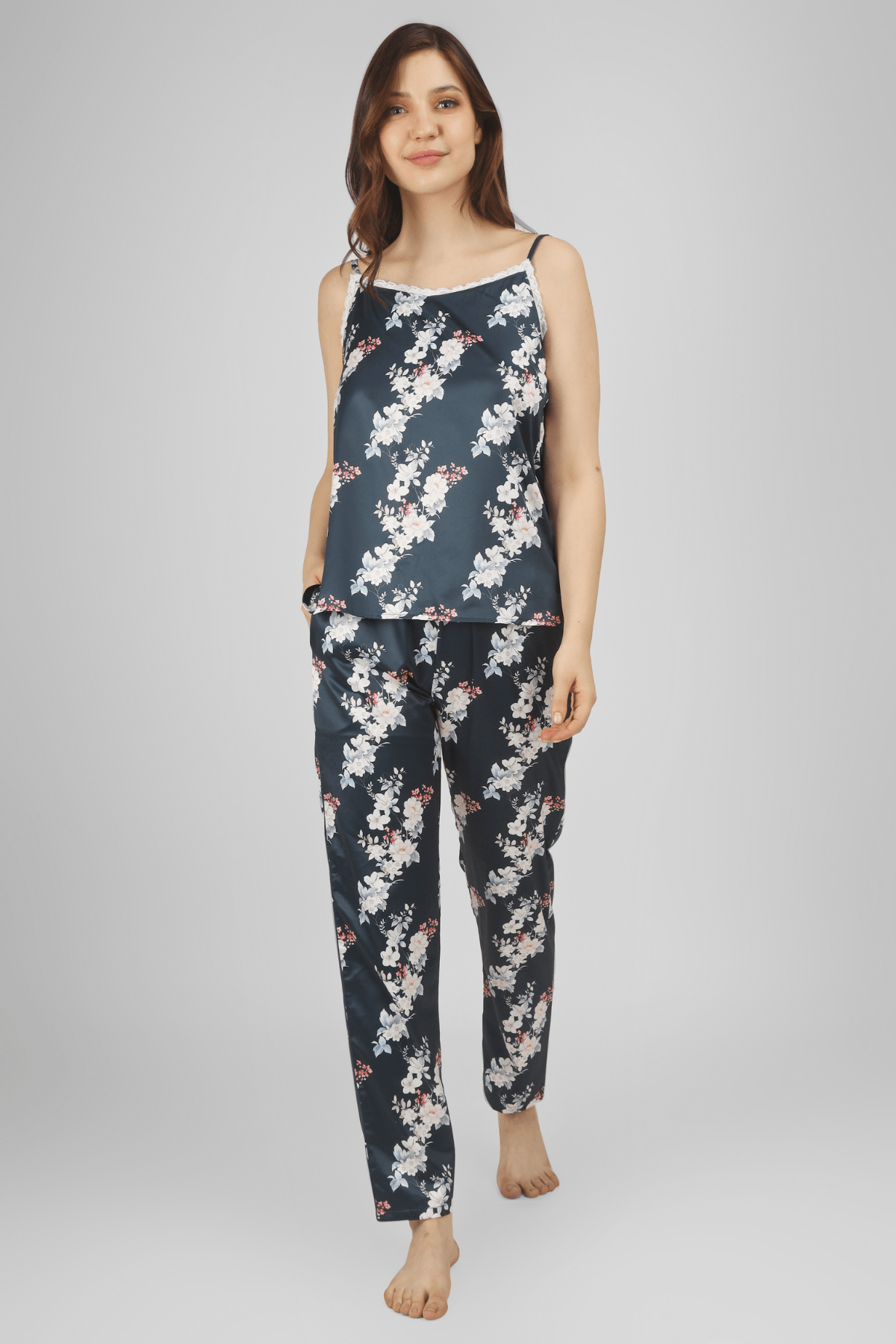 Navy Bloom & Bold Satin Spaghetti Pyjama Set - De - Nap.in - Nightwear