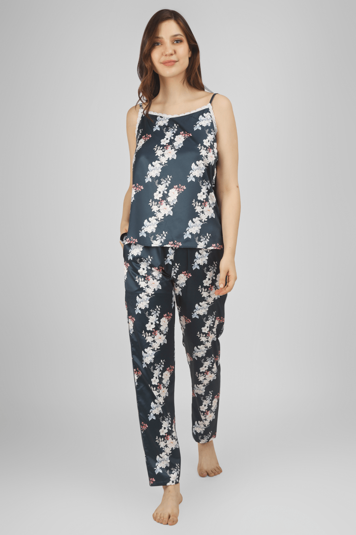 Navy Bloom & Bold Satin Spaghetti Pyjama Set - De - Nap.in - Nightwear