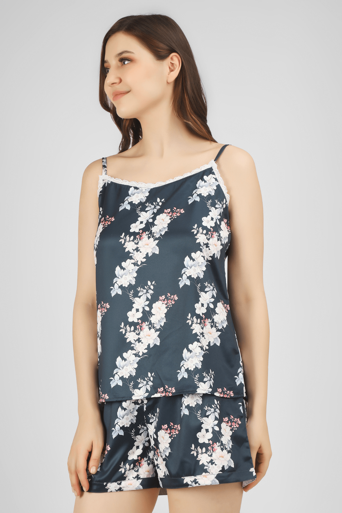 Navy Bloom & Bold Satin Spaghetti Shorts Set - De - Nap.in - Nightwear