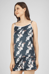 Navy Bloom & Bold Satin Spaghetti Shorts Set - De - Nap.in - Nightwear