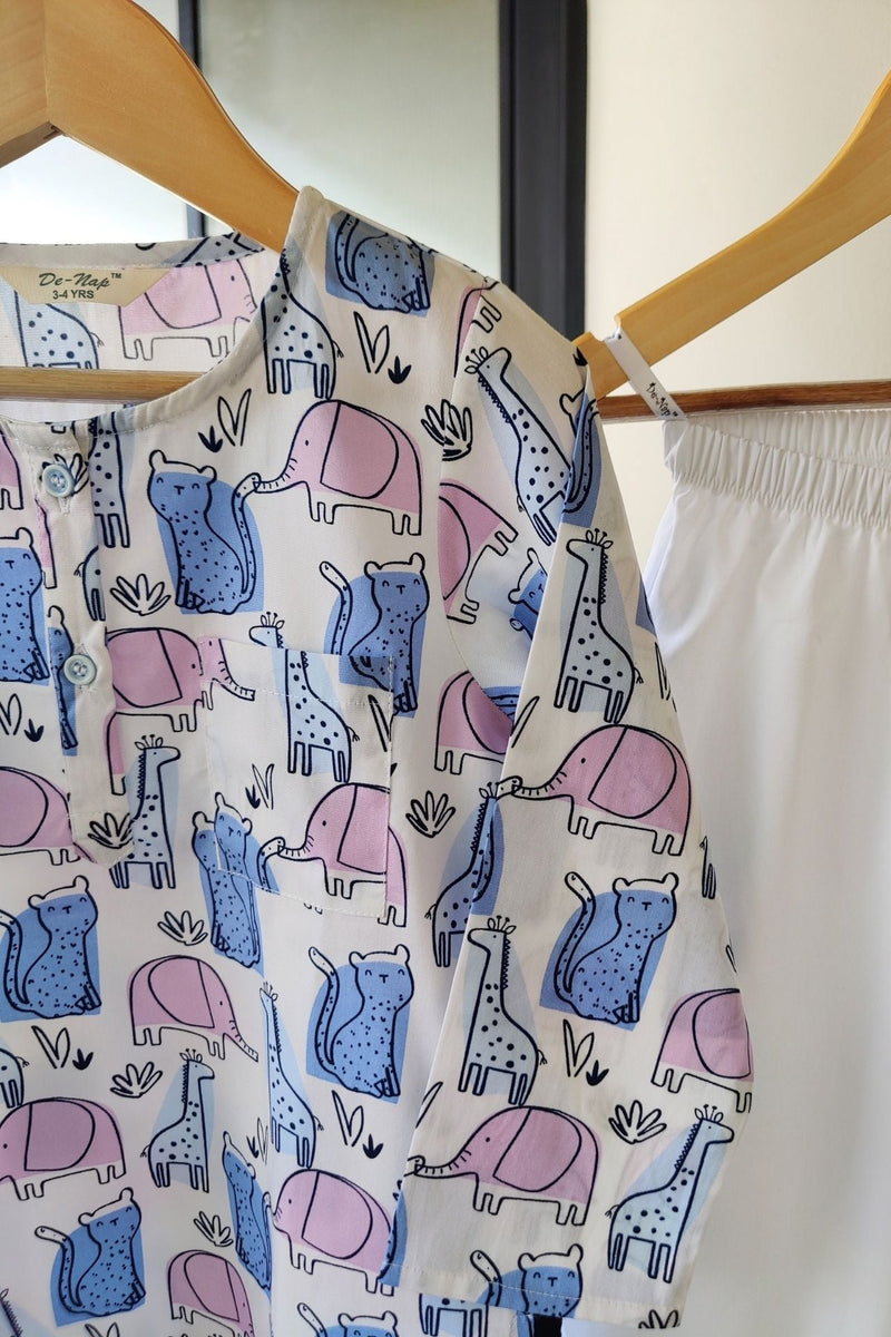 Safari Dreams Midnight Blue Kurta Pyjama Set for Girls / Boys - De - Nap.in - Nightwear