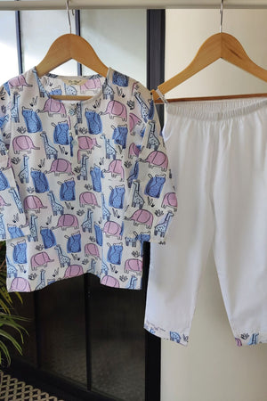 Safari Dreams Midnight Blue Kurta Pyjama Set for Girls / Boys - De - Nap.in - Nightwear