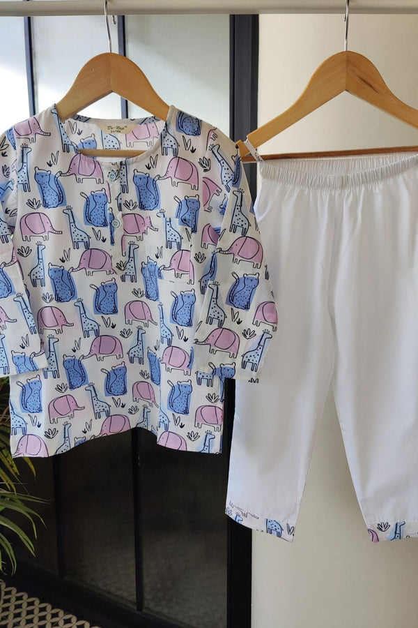 Safari Dreams Midnight Blue Kurta Pyjama Set for Girls / Boys - De - Nap.in - Nightwear