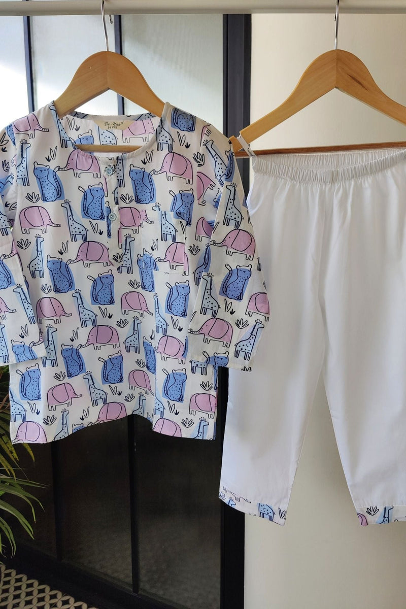 Safari Dreams Midnight Blue Kurta Pyjama Set for Girls / Boys - De - Nap.in - Nightwear