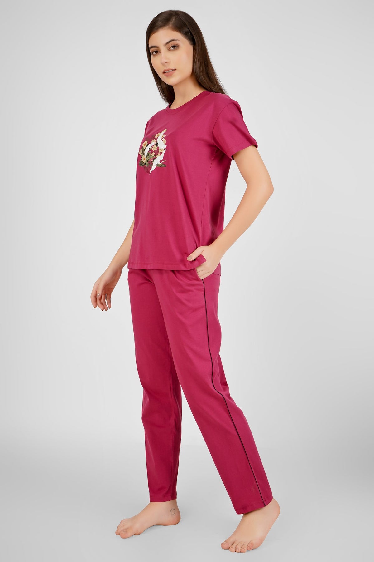 Wine Japanese Bird Pyjama Set - De - Nap.in - Nightwear