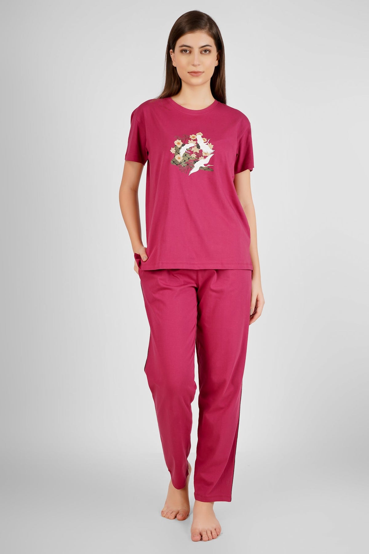 Wine Japanese Bird Pyjama Set - De - Nap.in - Nightwear