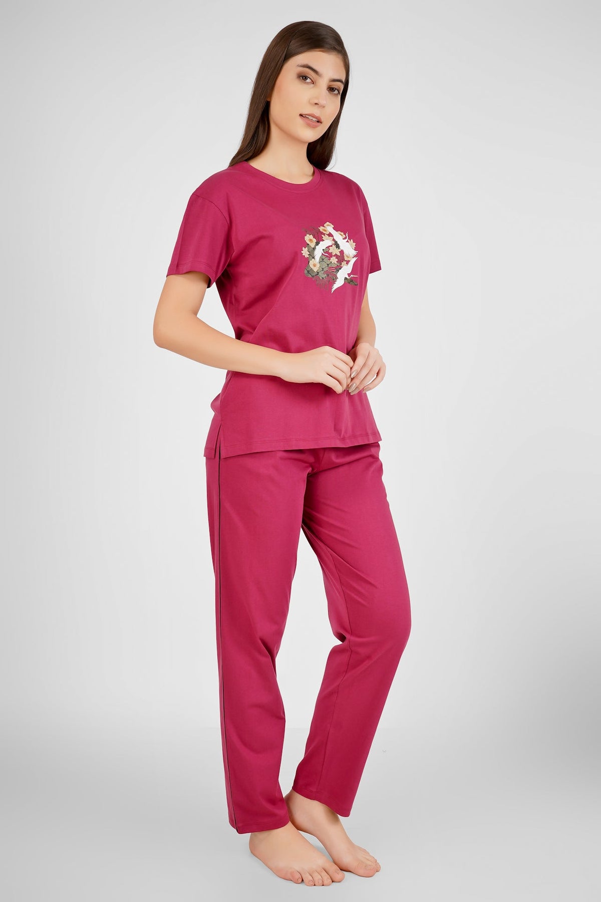 Wine Japanese Bird Pyjama Set - De - Nap.in - Nightwear