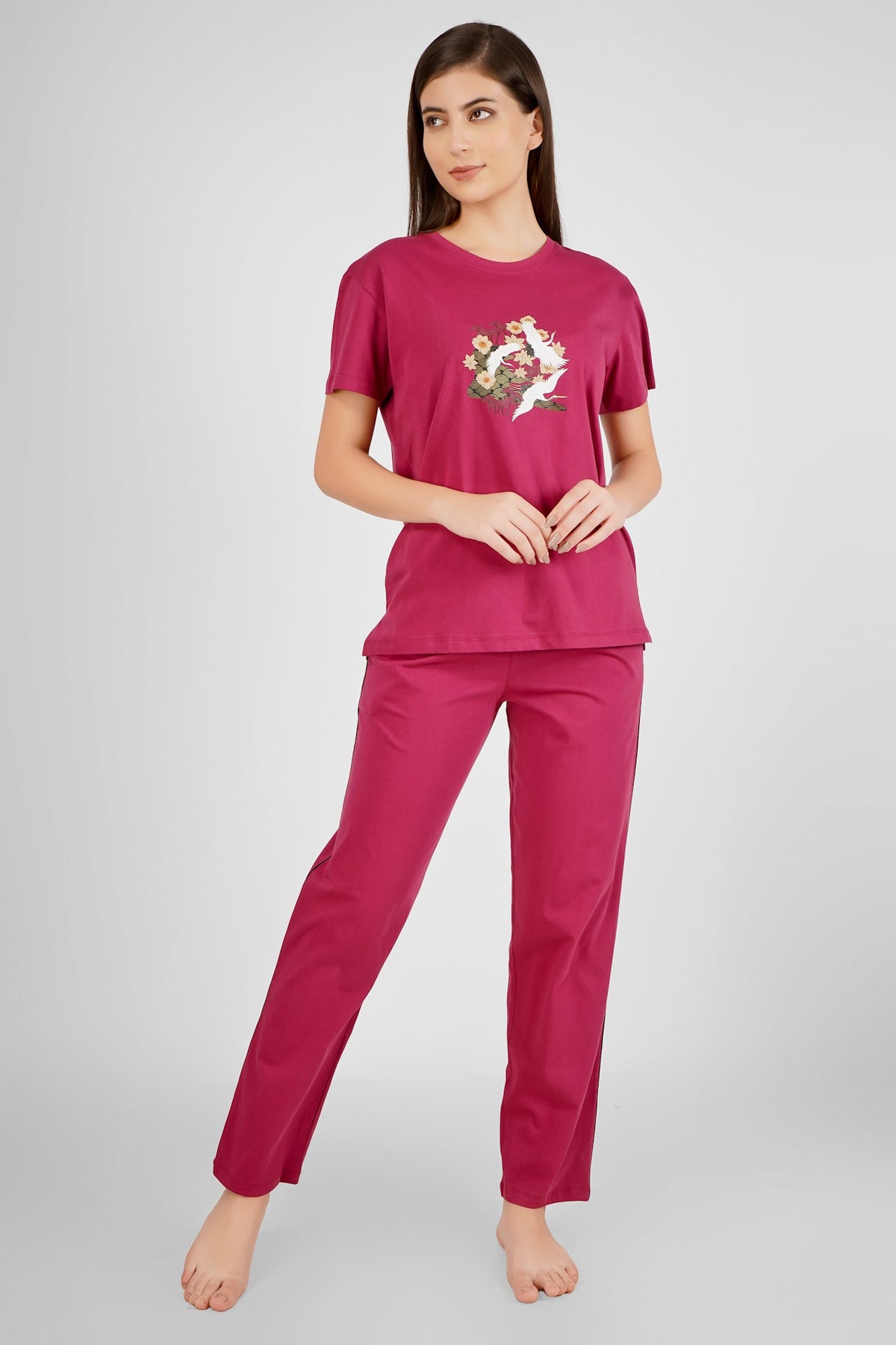 Wine Japanese Bird Pyjama Set - De - Nap.in - Nightwear