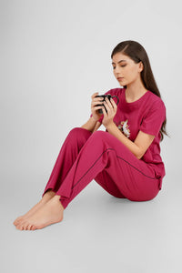 Wine Japanese Bird Pyjama Set - De - Nap.in - Nightwear