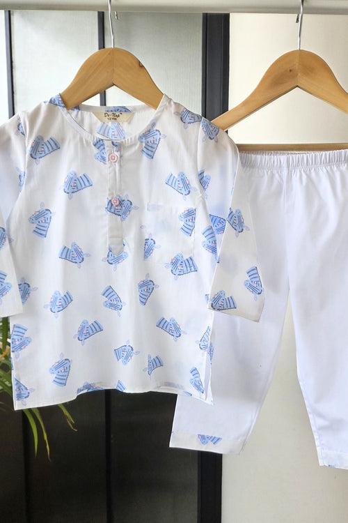 Zebra Zing White Kurta Pyjama Set Girls / Boys - De - Nap.in - Nightwear