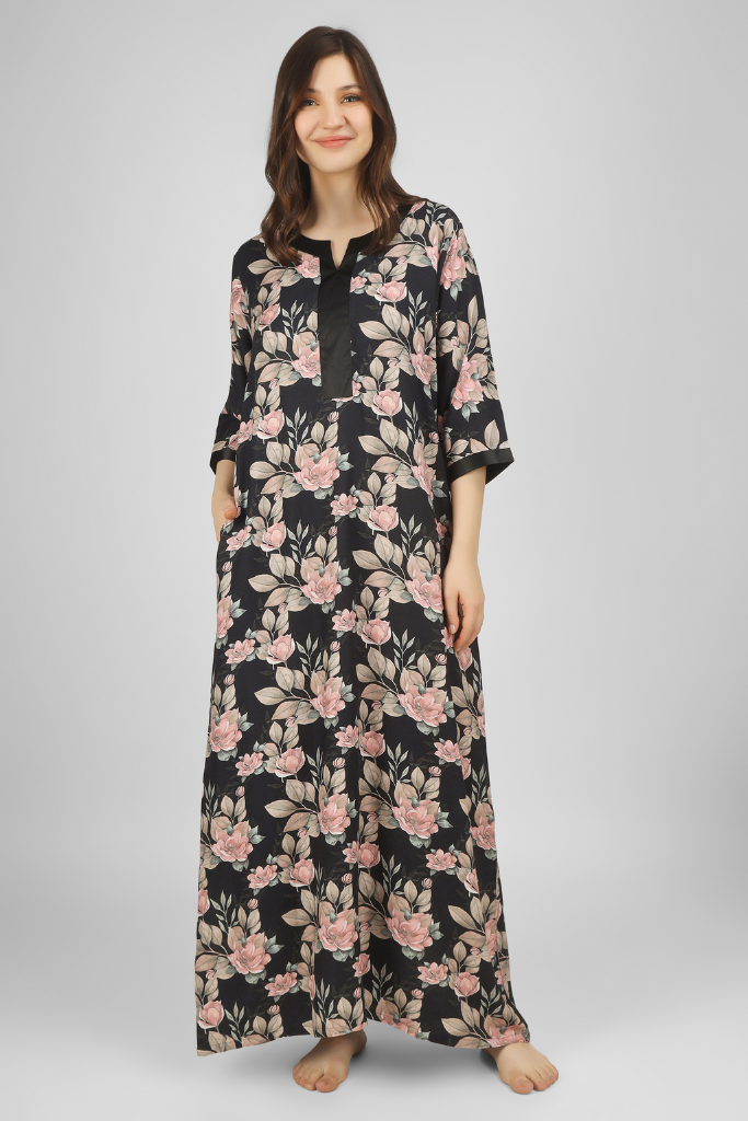 Black Blossom Breeze Nightgown / Nighty / Nightwear / Sleepwear / Loungewear For Women, Ladies