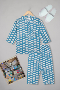 Blue Elephant Oasis Kurta Pyjama Set for kids - Quirky elephant print nightwear, round neckline, kurta placket, soft cotton.