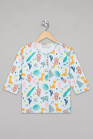 Blue Monkey & Giraffe Kurta Pyjama Set