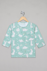 Green Kurta Pyjama Set With Bunnies / Nightsuit / Nightwear / Sleepwear / Loungewear For Girls
