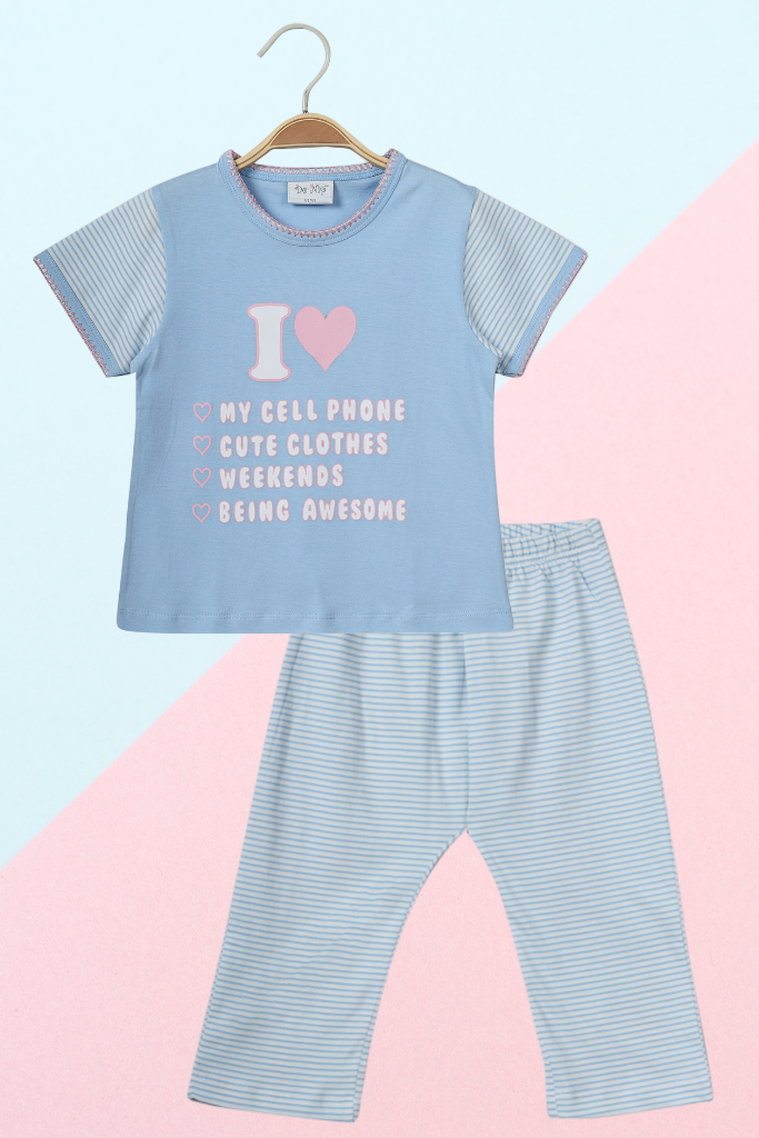 Nightwear Blue & Stripes I Love Pyjama Set With Striped Bottom For Girls