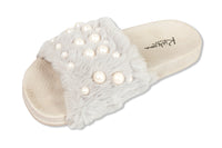 Faux Fur with Pearls  Slides- light grey