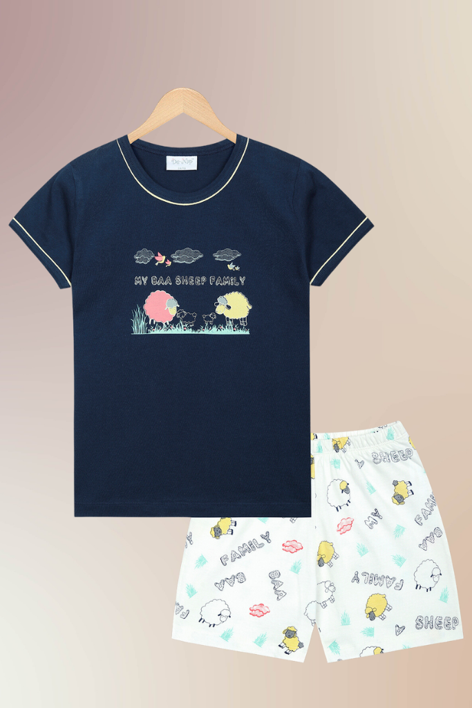 Cute Navy Baa Sheep Shorts Set for Kids with sheep print on shorts, short sleeves, and round neckline