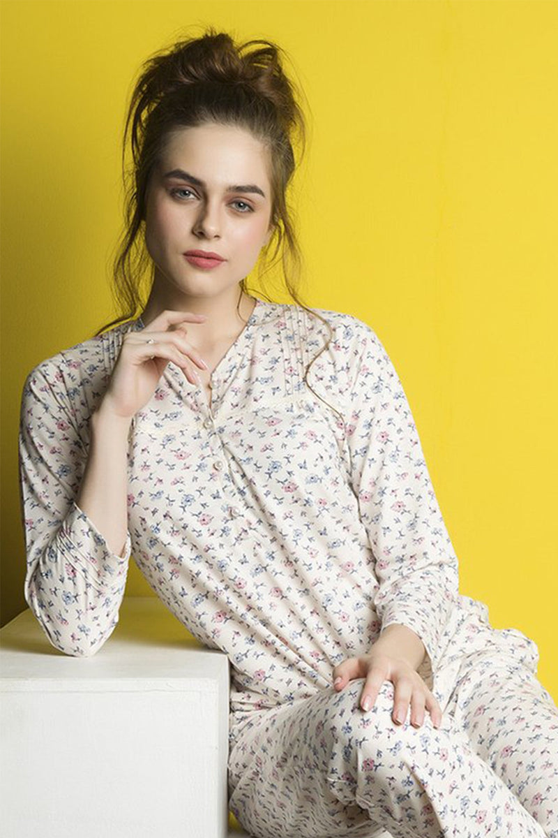 Beige Tiny Floral Pyjama Set - De - Nap.in - Nightwear