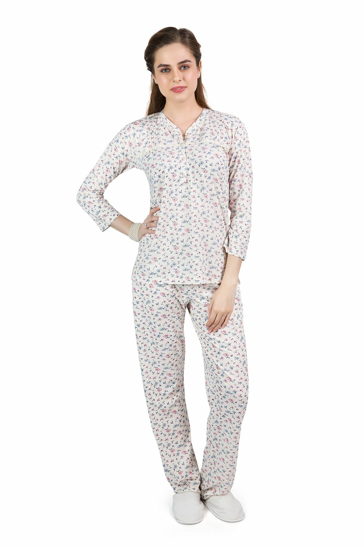 Beige Tiny Floral Pyjama Set - De - Nap.in - Nightwear