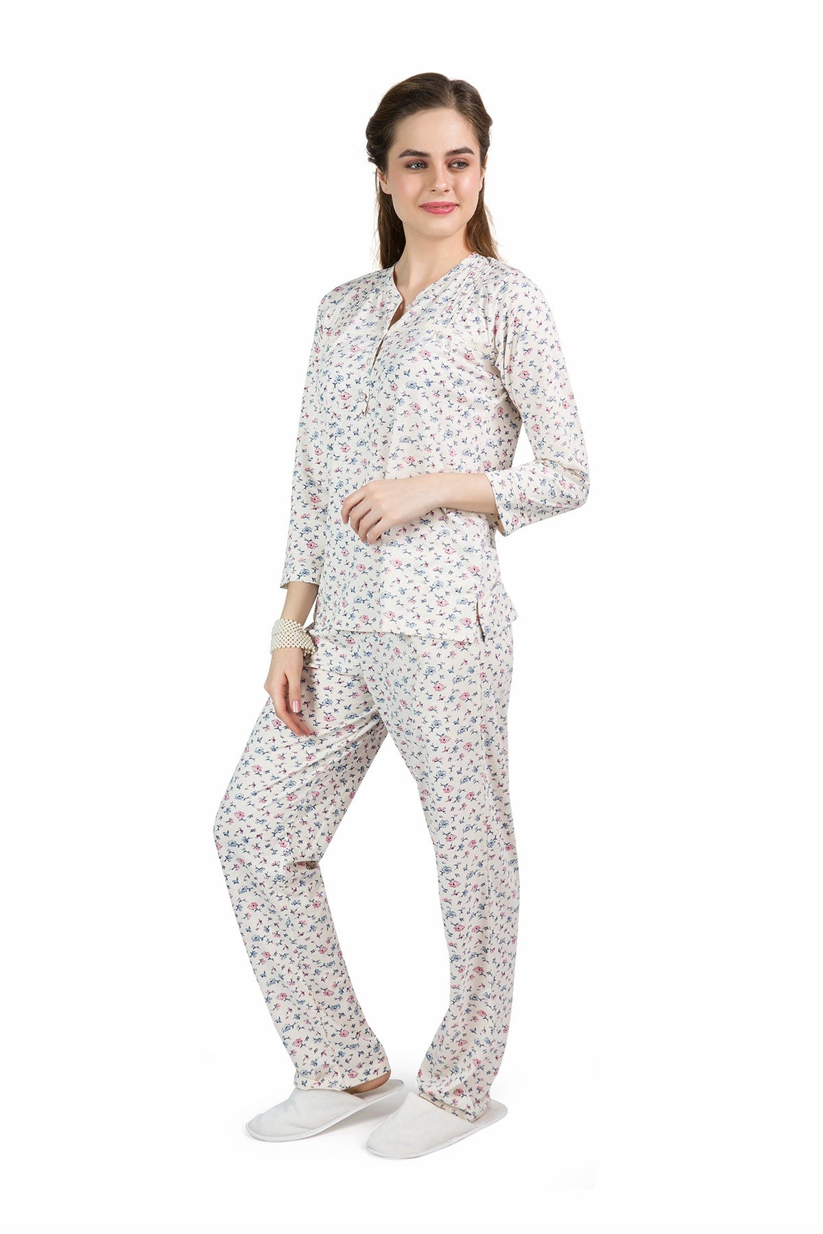 Beige Tiny Floral Pyjama Set - De - Nap.in - Nightwear