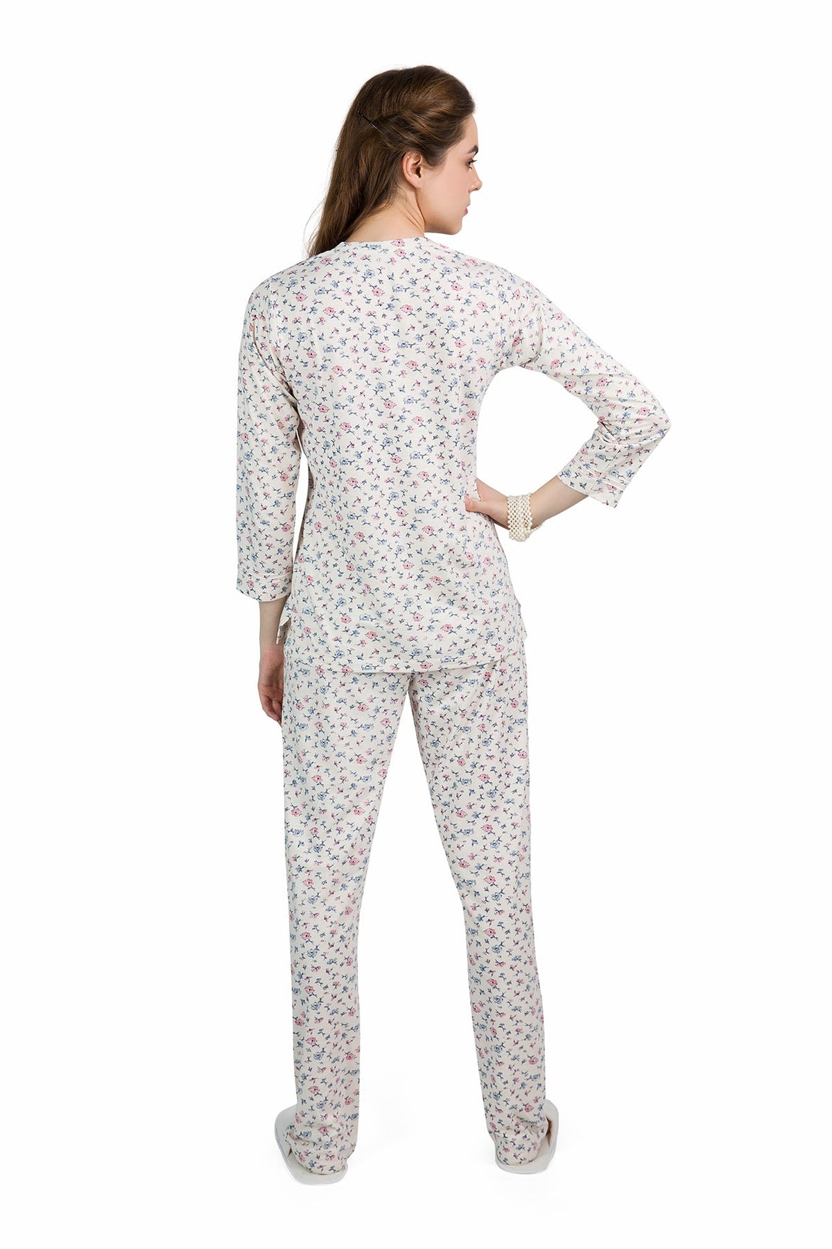 Beige Tiny Floral Pyjama Set - De - Nap.in - Nightwear
