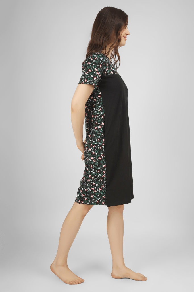 Black Floral Whispers Short Nighty - De - Nap.in - Nightwear