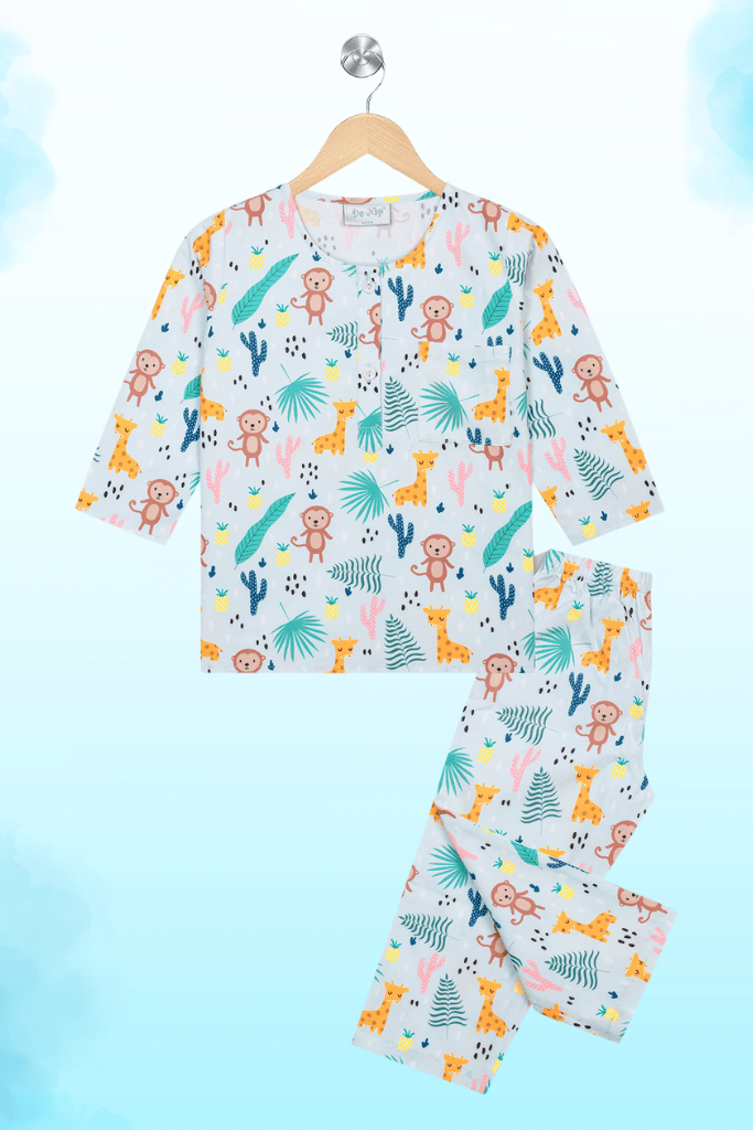 Blue Monkey & Giraffe Kurta Pyjama Set - De - Nap.in - Nightwear