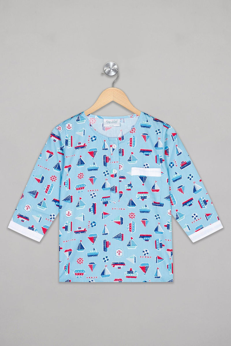Blue Sailing Boats Kurta Pj Set - De - Nap.in - Nightwear