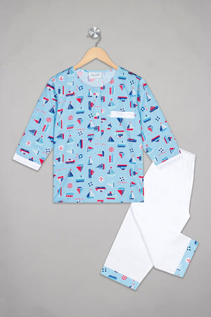 Blue Sailing Boats Kurta Pj Set - De - Nap.in - Nightwear