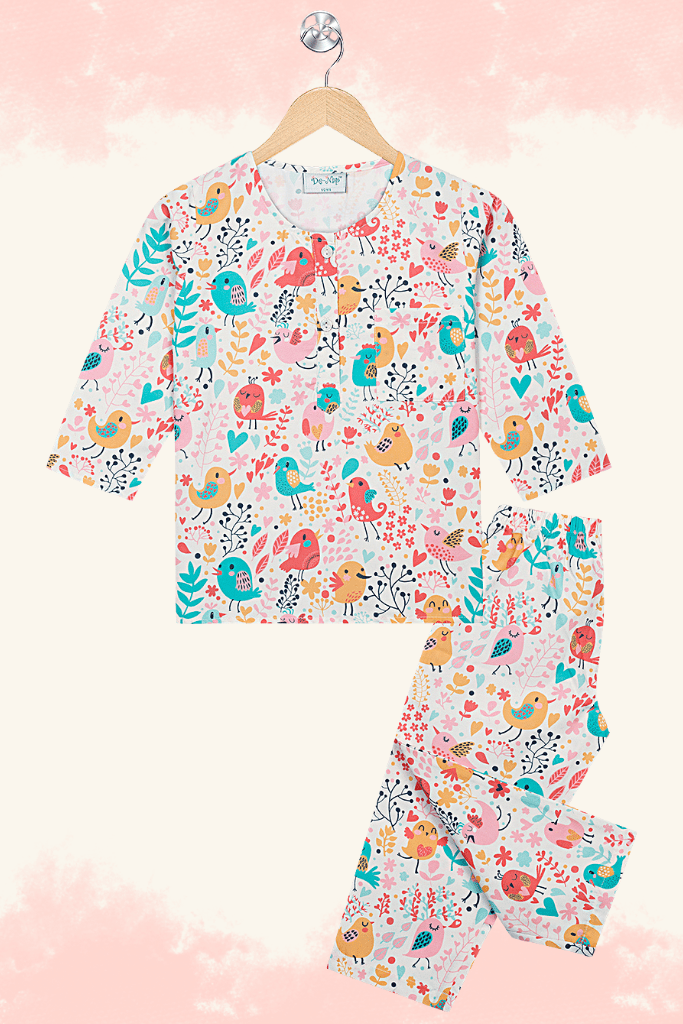 Cream Chirpy Birds Kurta Pyjama Set - De - Nap.in - Nightwear