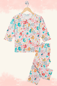 Cream Chirpy Birds Kurta Pyjama Set - De - Nap.in - Nightwear