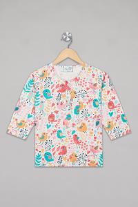 Cream Chirpy Birds Kurta Pyjama Set - De - Nap.in - Nightwear