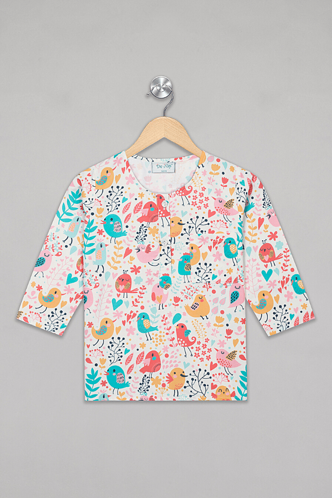 Cream Chirpy Birds Kurta Pyjama Set - De - Nap.in - Nightwear