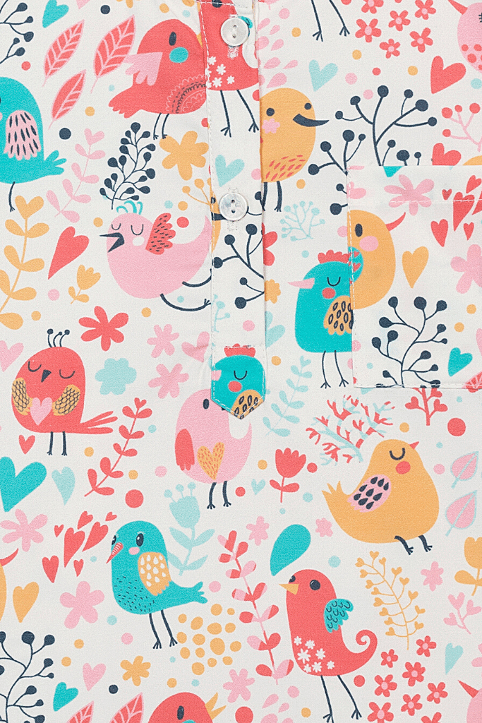 Cream Chirpy Birds Kurta Pyjama Set - De - Nap.in - Nightwear