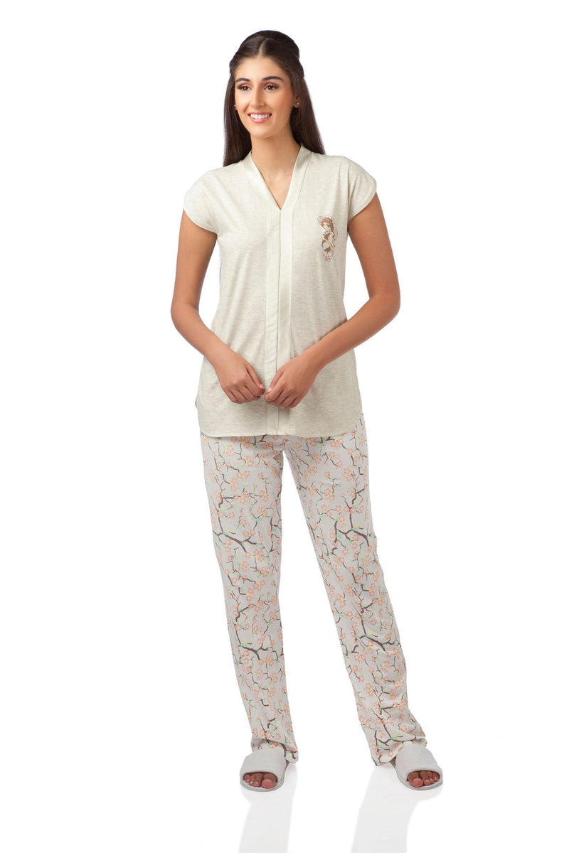 Ecru Japanese Cherry Blossom Pyjama Set - De - Nap.in - Nightwear