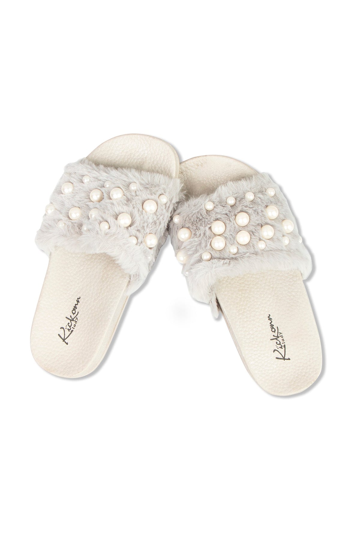 Faux Fur with Pearls Slides - light grey - De - Nap.in - Nightwear