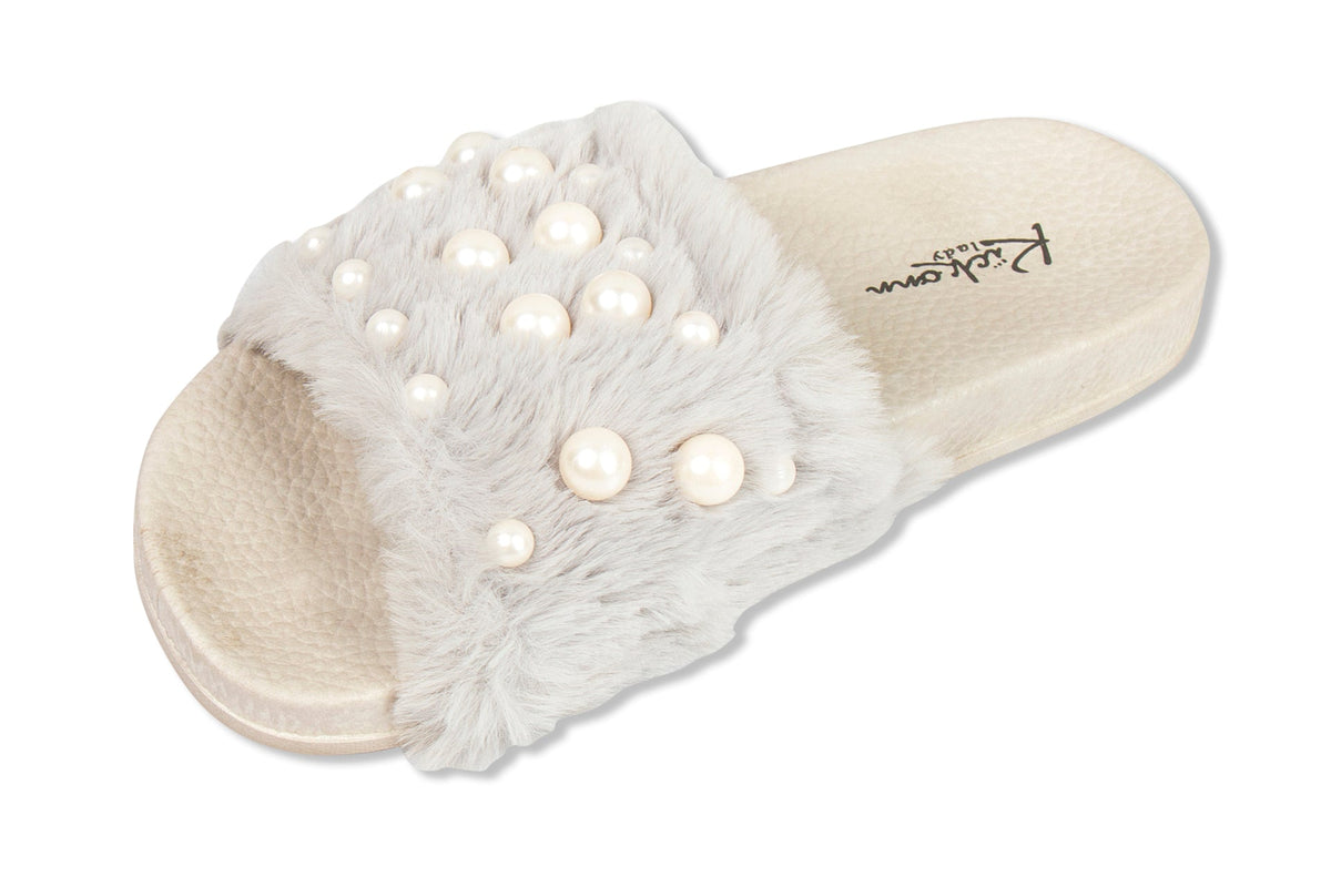 Faux Fur with Pearls Slides - light grey - De - Nap.in - Nightwear