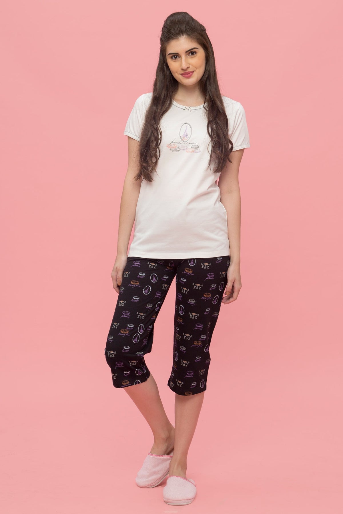 Francais Macaroons Black Capri Set - De - Nap.in - Nightwear