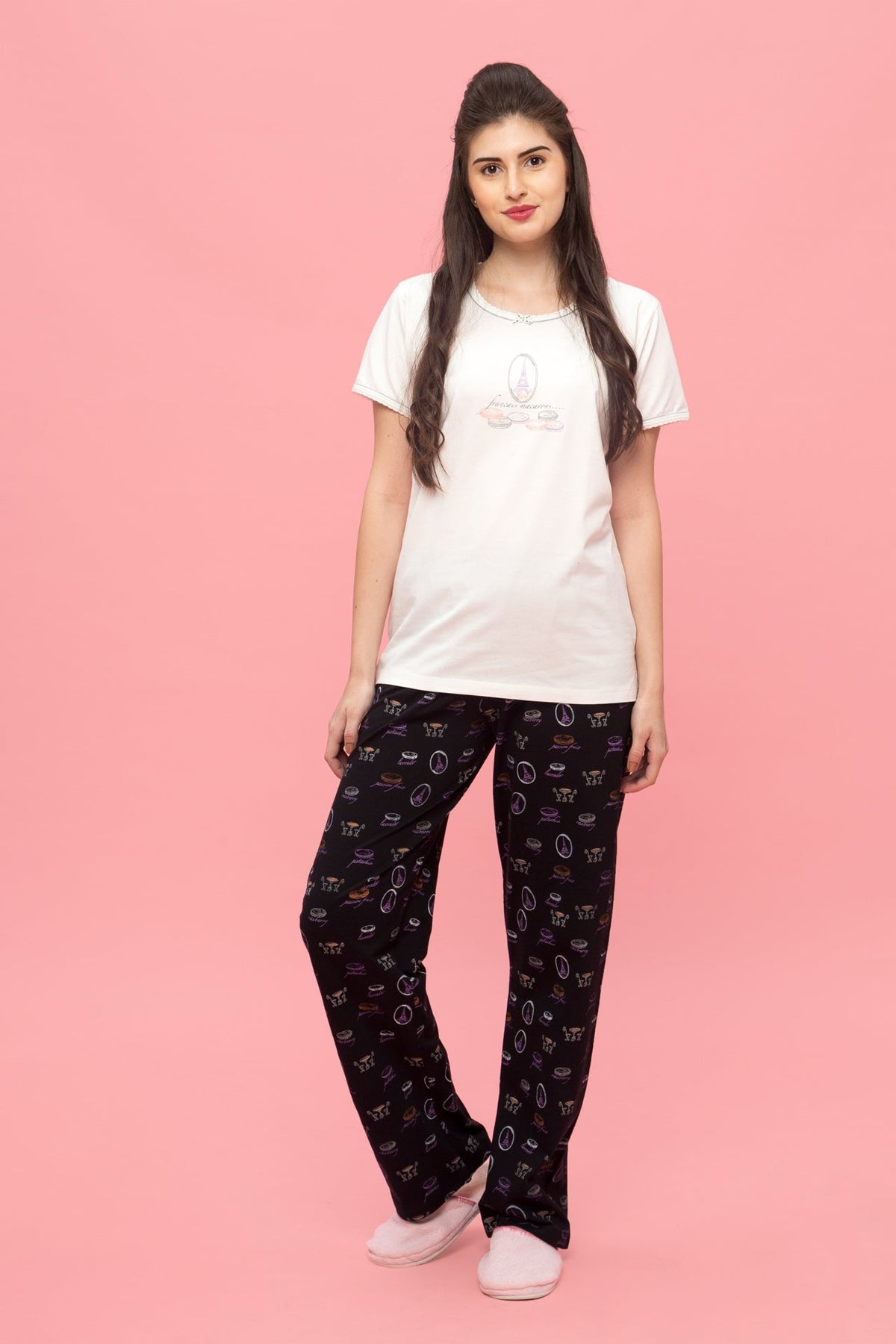 Francais Macaroons Black Pyjama Set - De - Nap.in - Nightwear