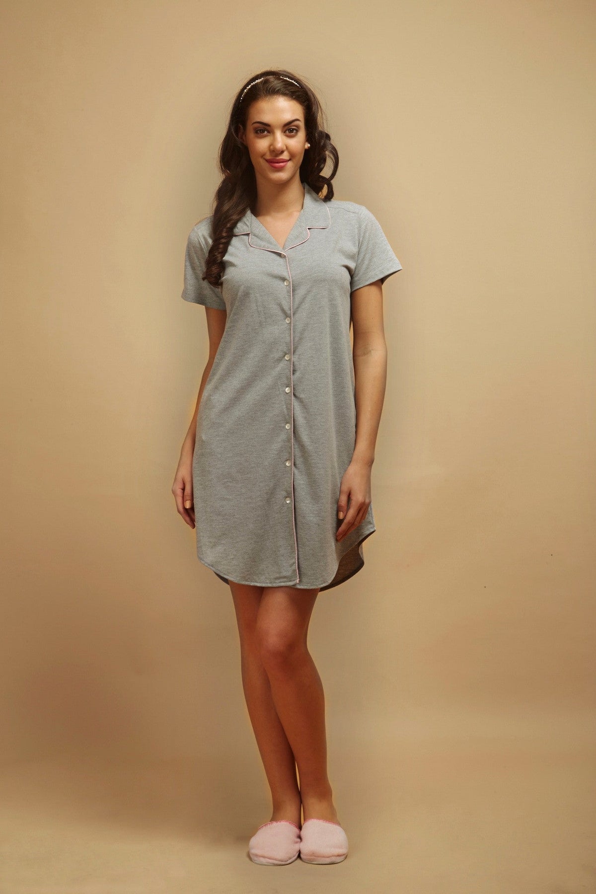 Grey Melange Twilight Blush Buttoned - down Nightdress - De - Nap.in - Nightwear