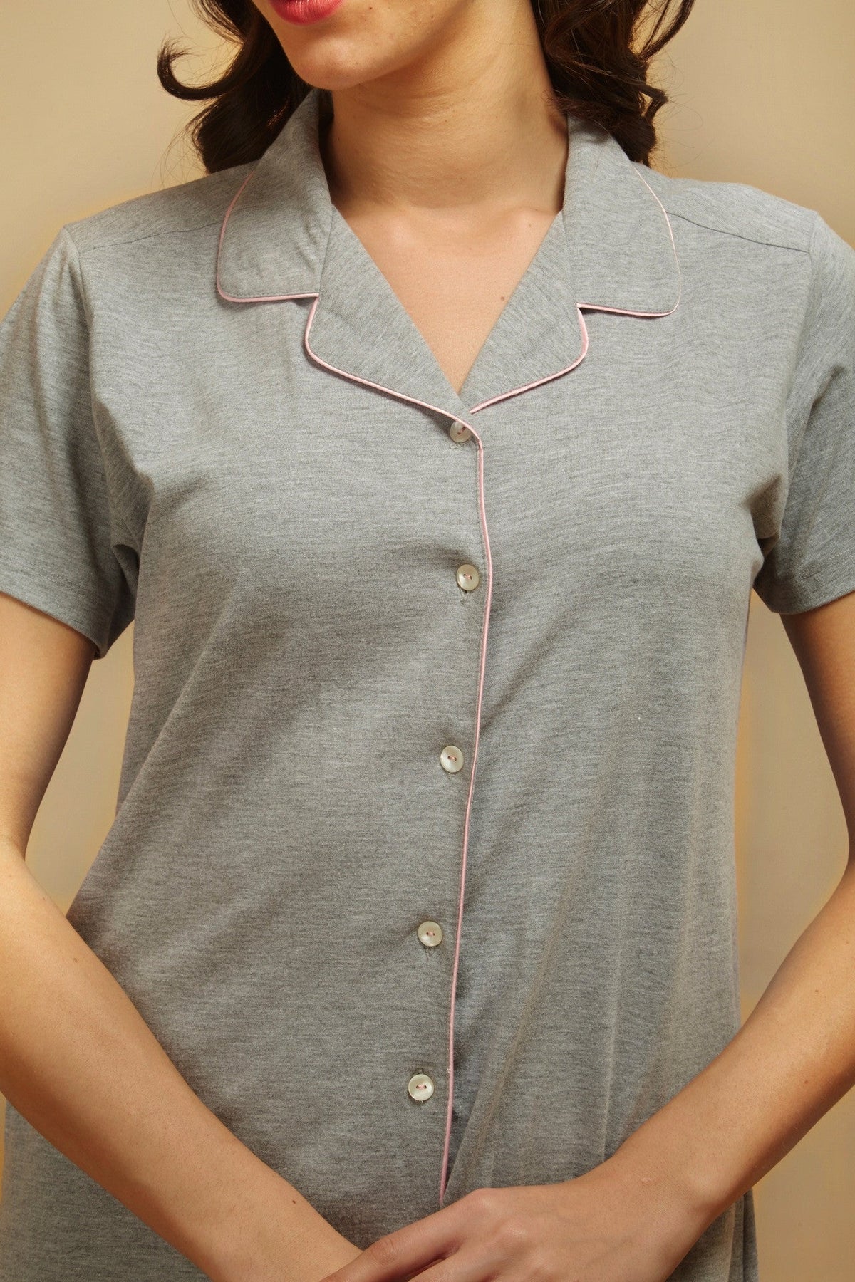 Grey Melange Twilight Blush Buttoned - down Nightdress - De - Nap.in - Nightwear