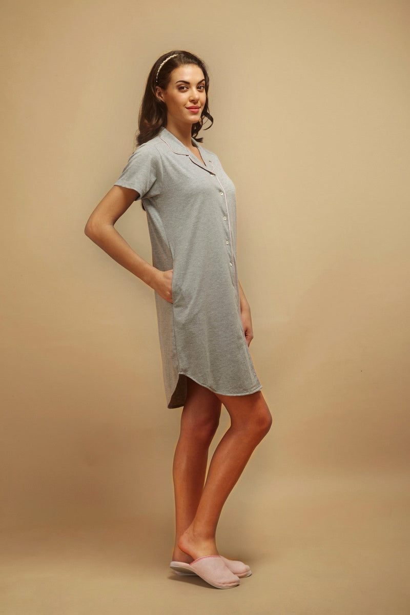 Grey Melange Twilight Blush Buttoned - down Nightdress - De - Nap.in - Nightwear