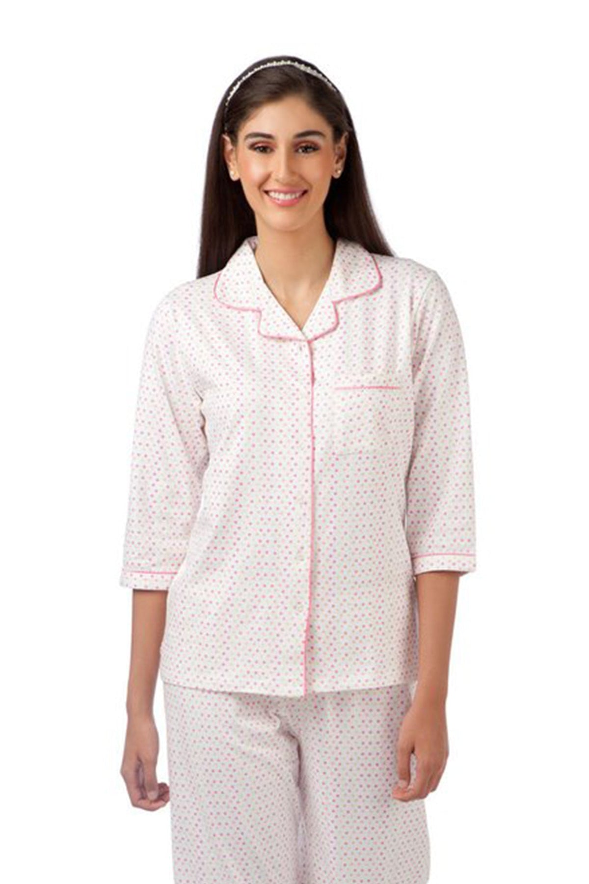 White Polka Dotted Pyjama Set - De - Nap.in - Nightwear
