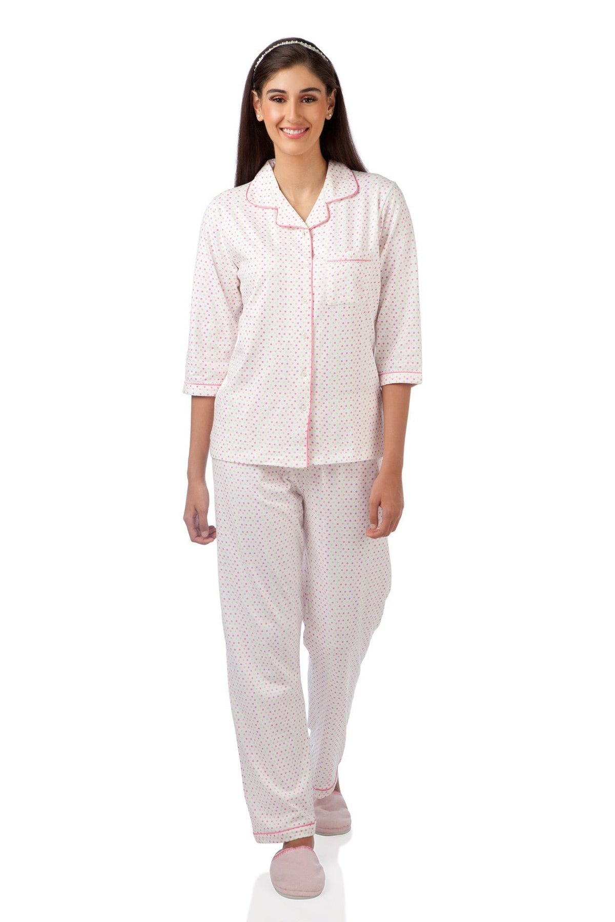 White Polka Dotted Pyjama Set - De - Nap.in - Nightwear