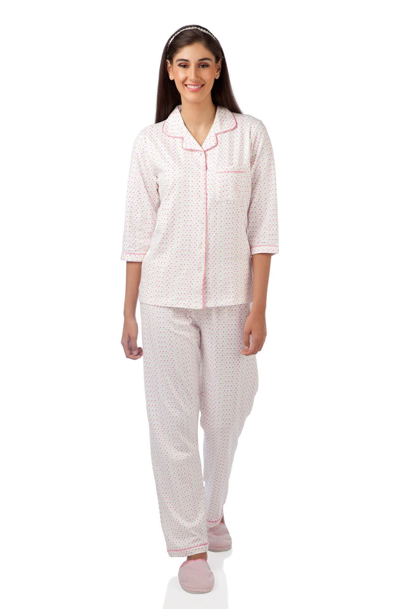 White Polka Dotted Pyjama Set - De - Nap.in - Nightwear
